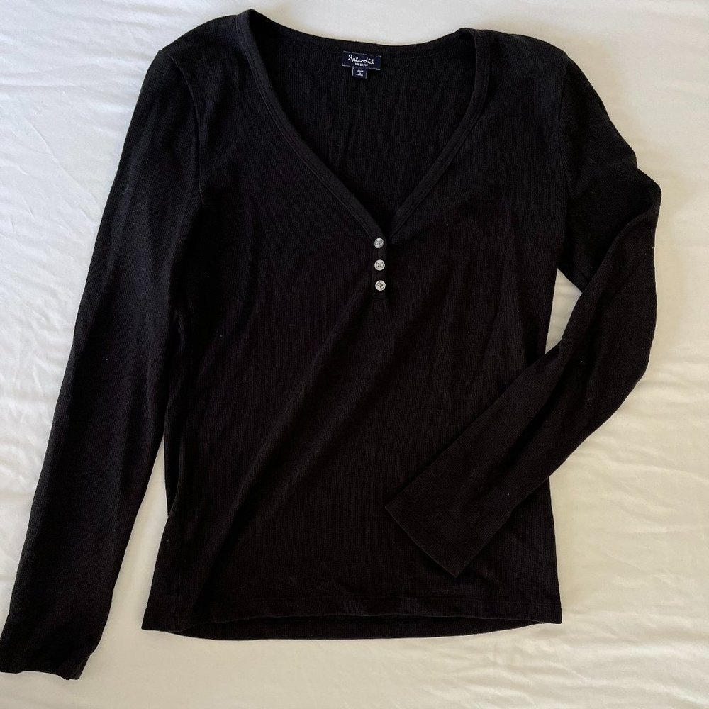 Splendid Thermal Waffle Knit Black Henley Long Sleeve Size M